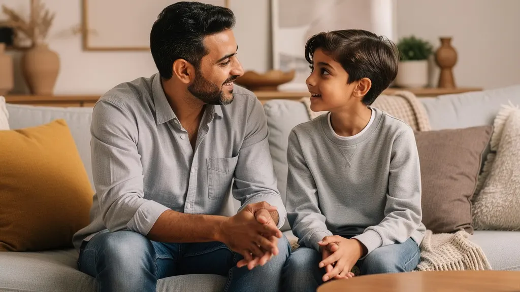 Parent et enfant en discussion sur la zakat al fitr dans le salon familial